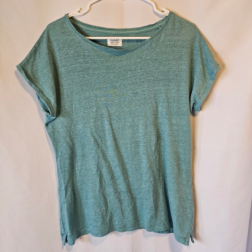 Fat Face UK Womens 100% Linen Short Sleeve Scoop Neck Top Teal Blue Size 10